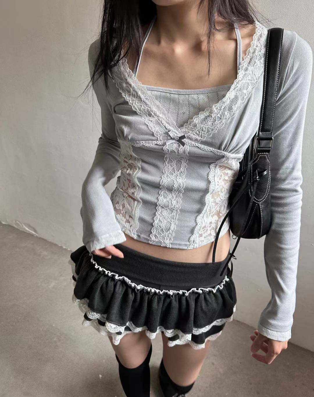 Lace Fake-two-piece Long-sleeves Top