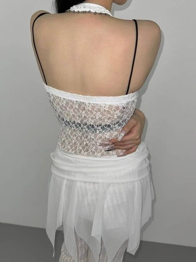 蕾絲透視掛頸背心 Lace See-through Halter Tank