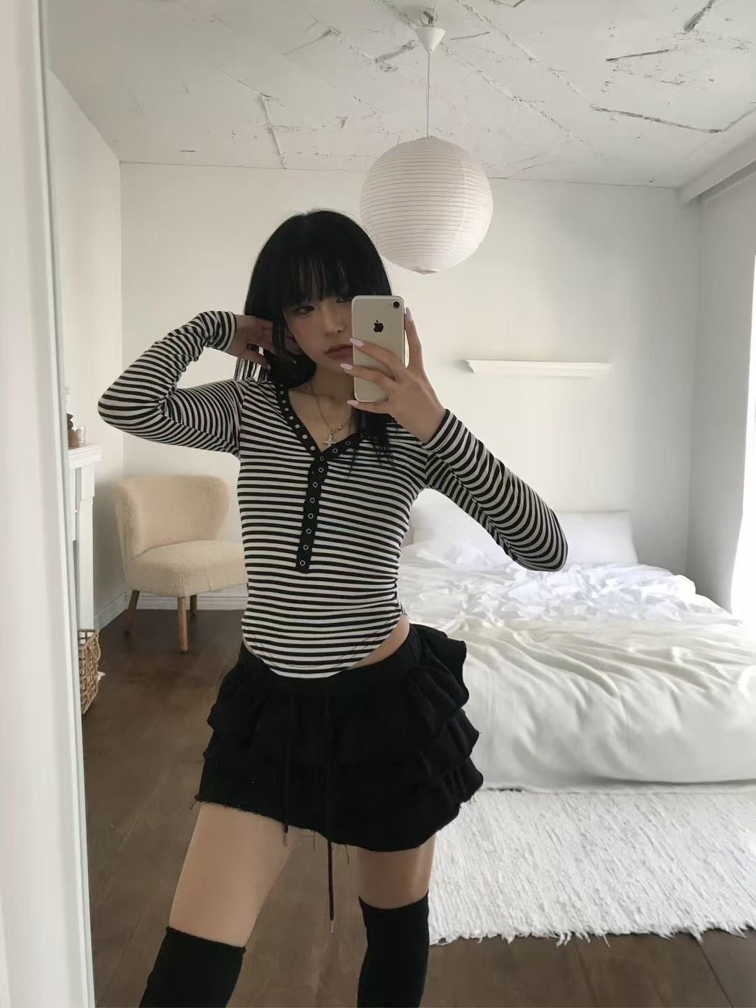 間條鈕扣薄長袖 Stripped Button Long Sleeves