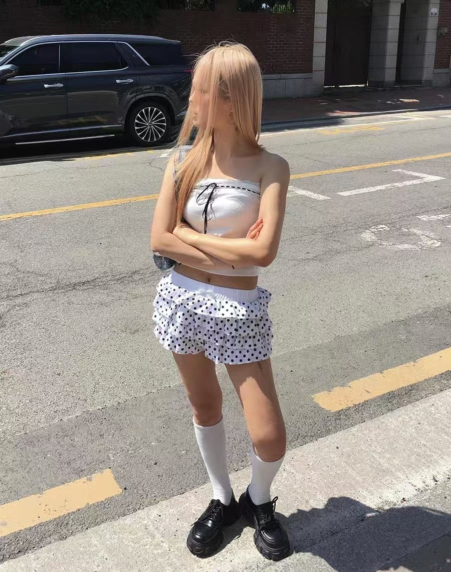 蝴蝶結波點蛋糕短裙褲 Ribbon Polka Dot Cake Skirt Shorts