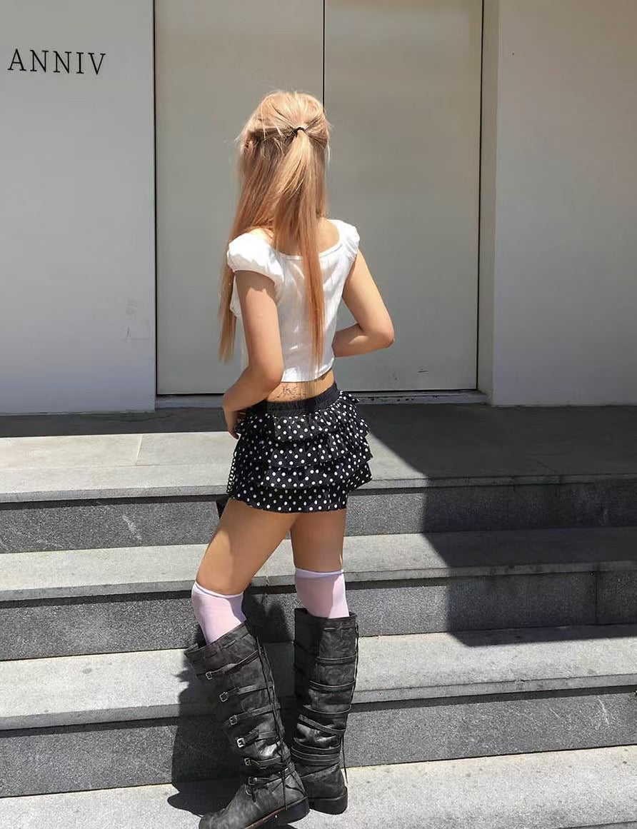 蝴蝶結波點蛋糕短裙褲 Ribbon Polka Dot Cake Skirt Shorts