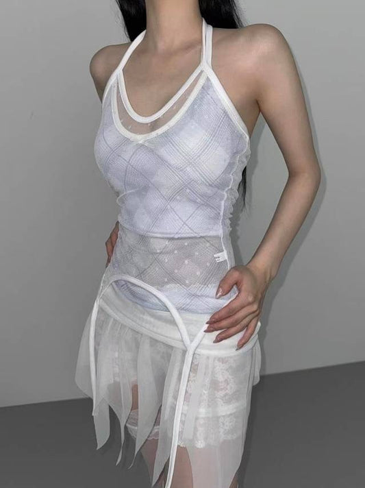 透視格仔掛頸背心 Checkered Halter Tank