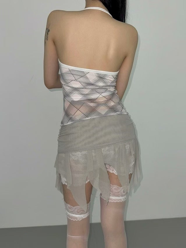 透視格仔掛頸背心 Checkered Halter Tank