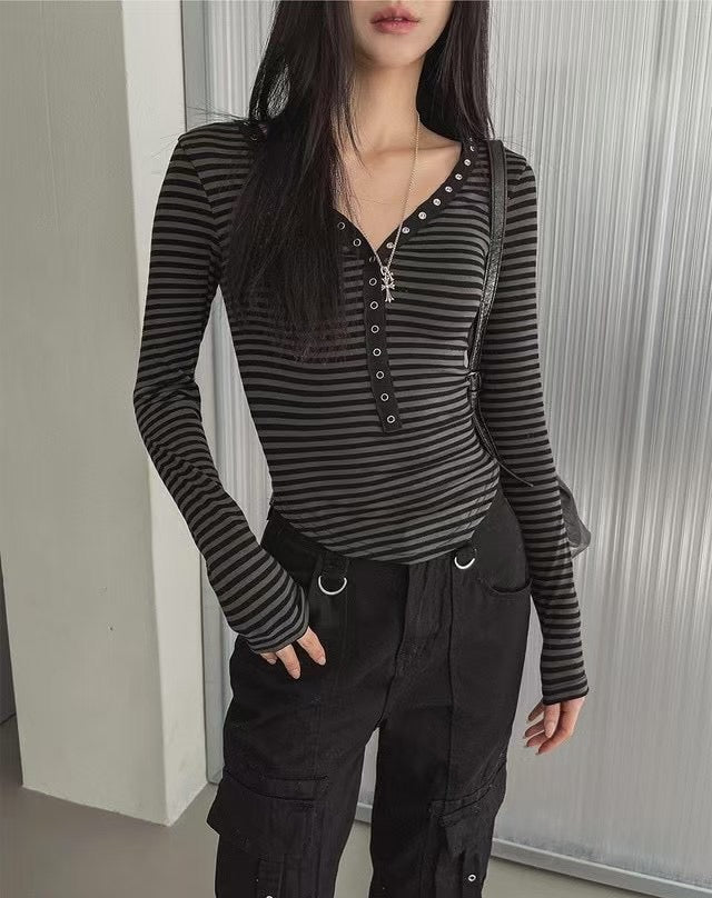 間條鈕扣薄長袖 Stripped Button Long Sleeves