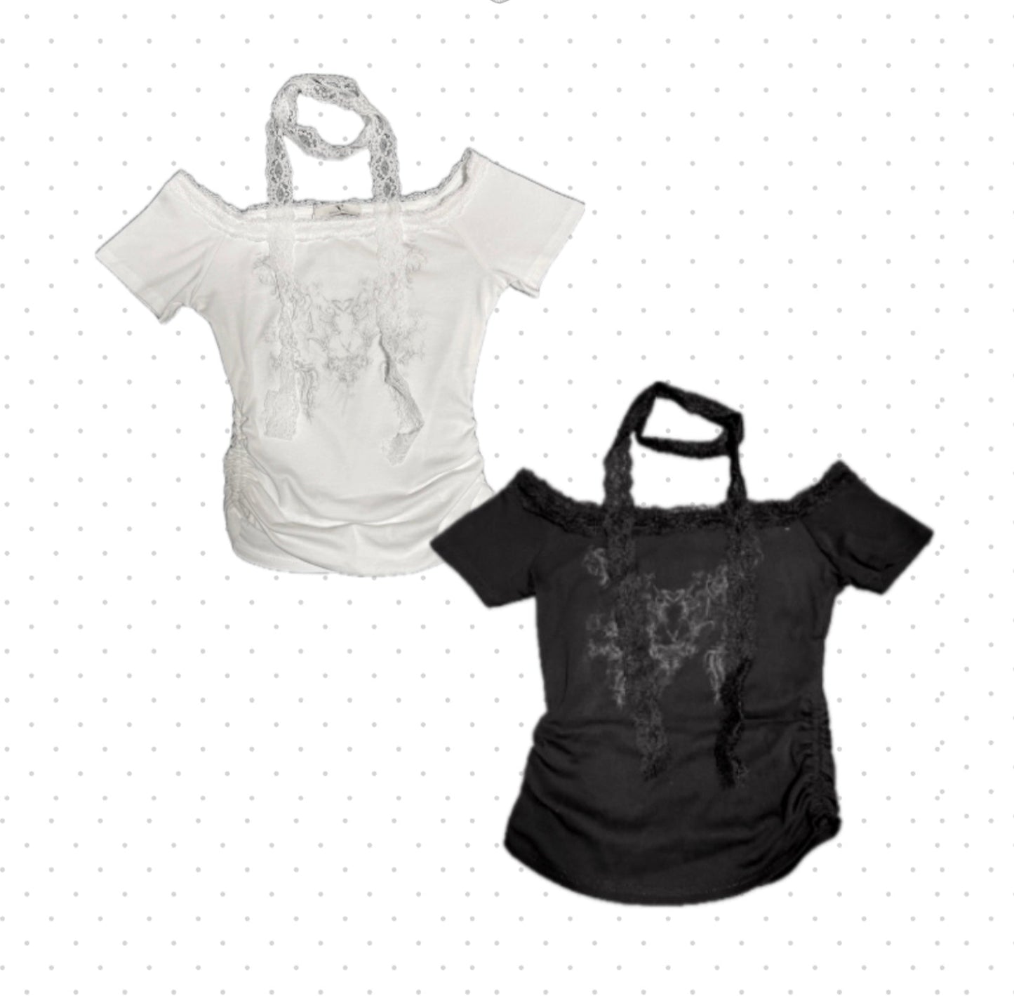 蕾絲露肩掛頸短袖上衣 Lace Off-shoulder Halter Neck Top