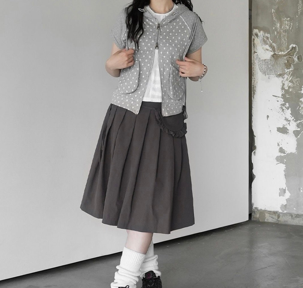 百褶中長裙配荷葉邊口袋腰帶 Pleated Midi Skirt with Ruffled Pocket Belt