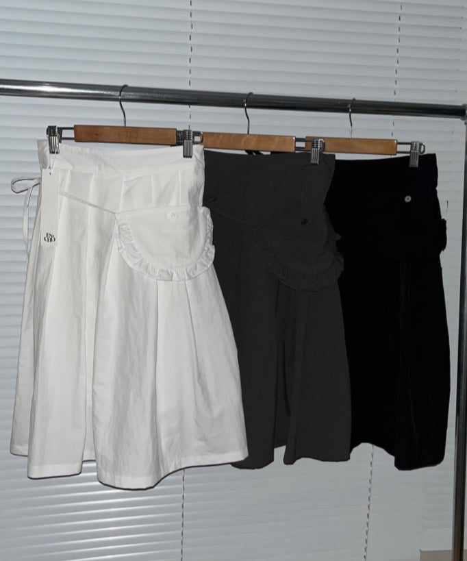 百褶中長裙配荷葉邊口袋腰帶 Pleated Midi Skirt with Ruffled Pocket Belt