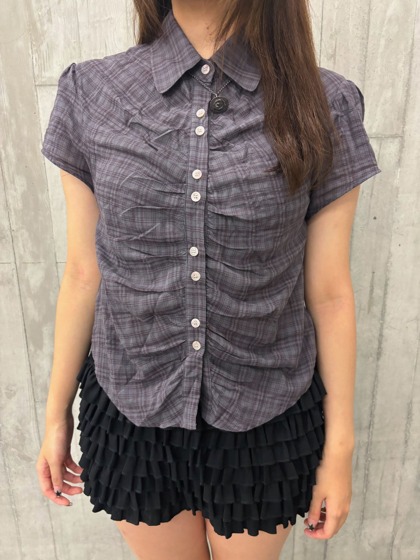 格子縮褶上衣 Checkered Gathers Blouse