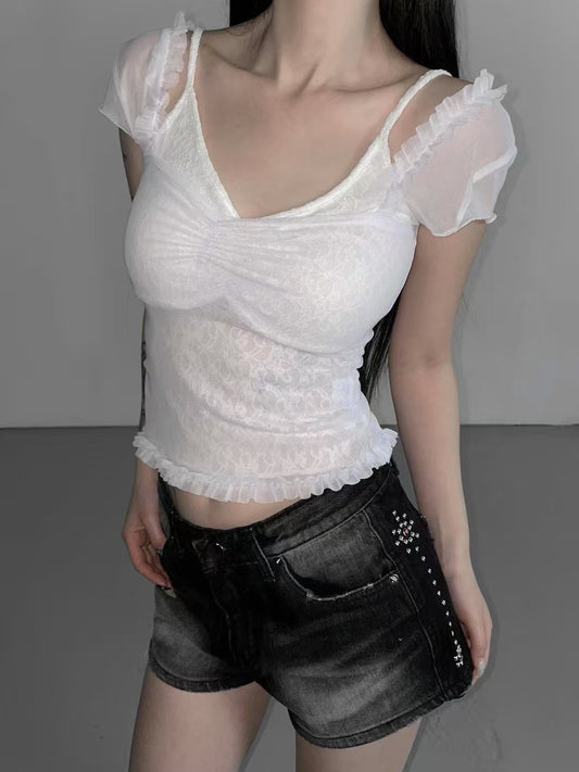 荷葉邊蝴蝶結透膚短袖上衣 Ruffled Ribbon Lace Short-sleeves