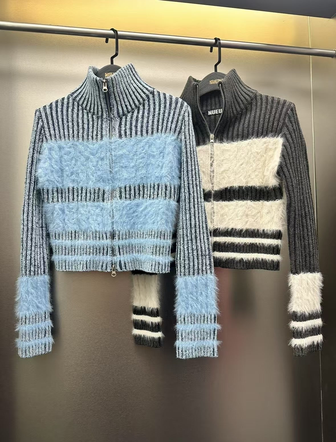 Cable Knit Contrast Mohair Zip-up 立領針織海馬毛拉鍊外套