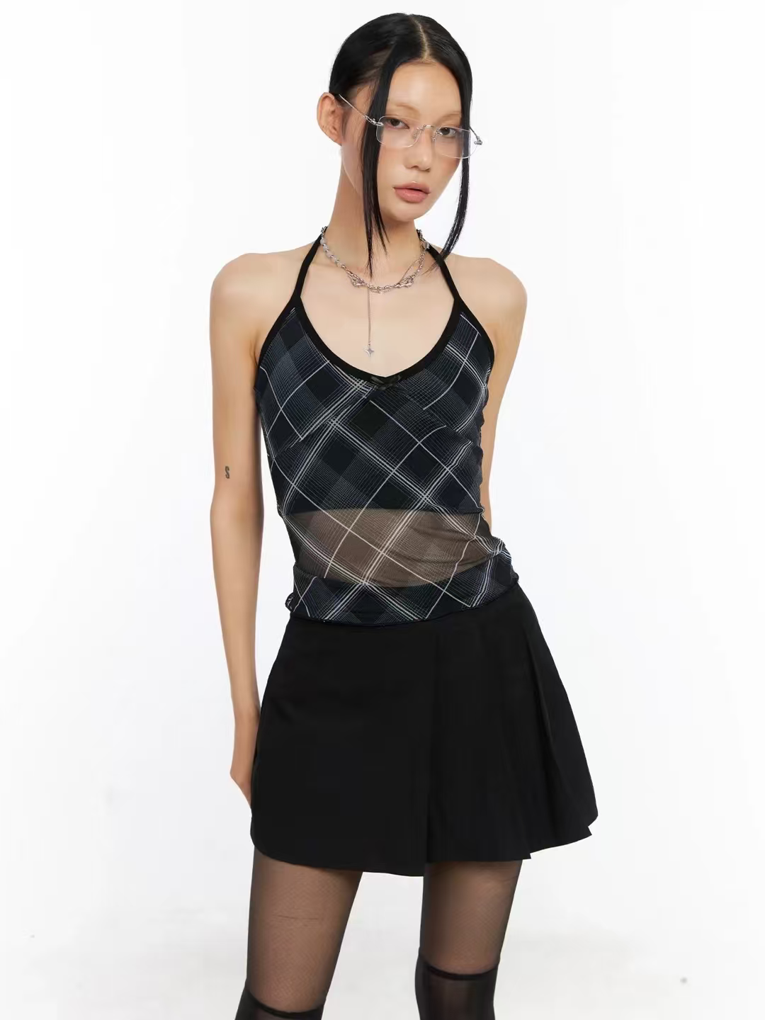 透視格仔掛頸背心 Checkered Halter Tank