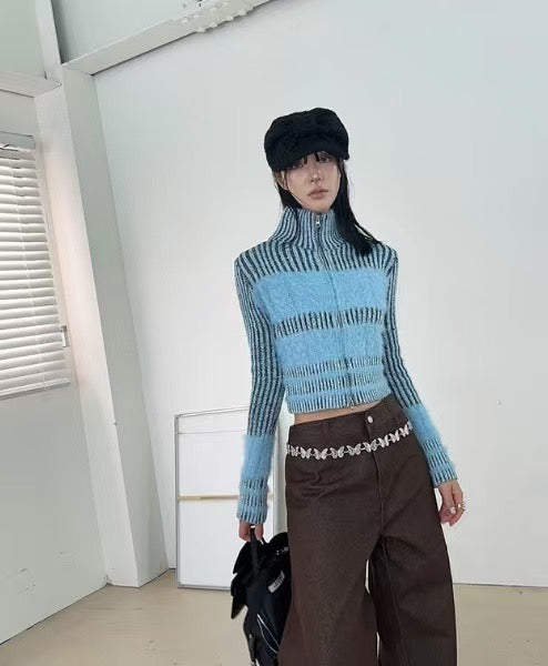 Cable Knit Contrast Mohair Zip-up 立領針織海馬毛拉鍊外套