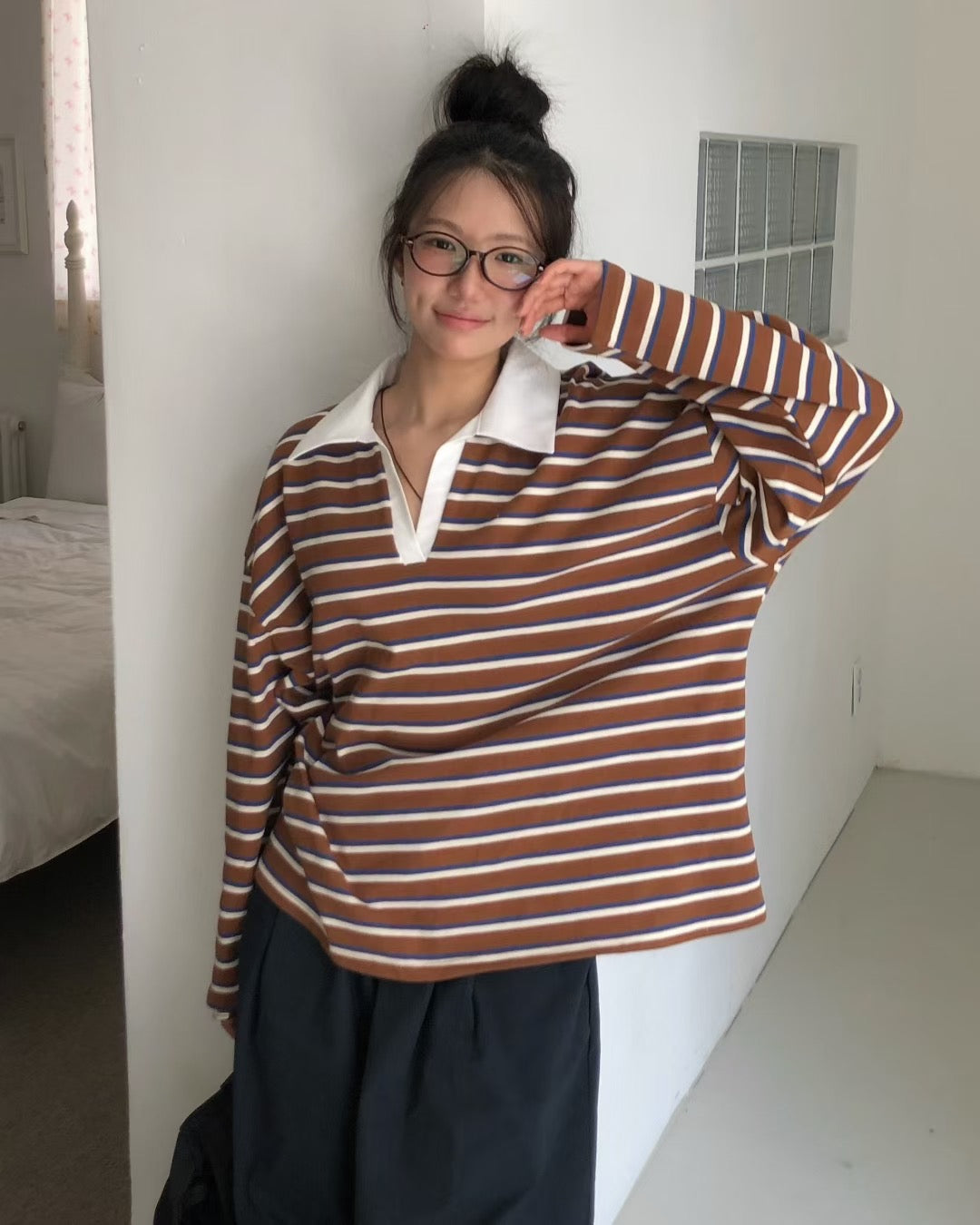 間條寬鬆有領長袖上衣 Striped Oversized Polo Shirt