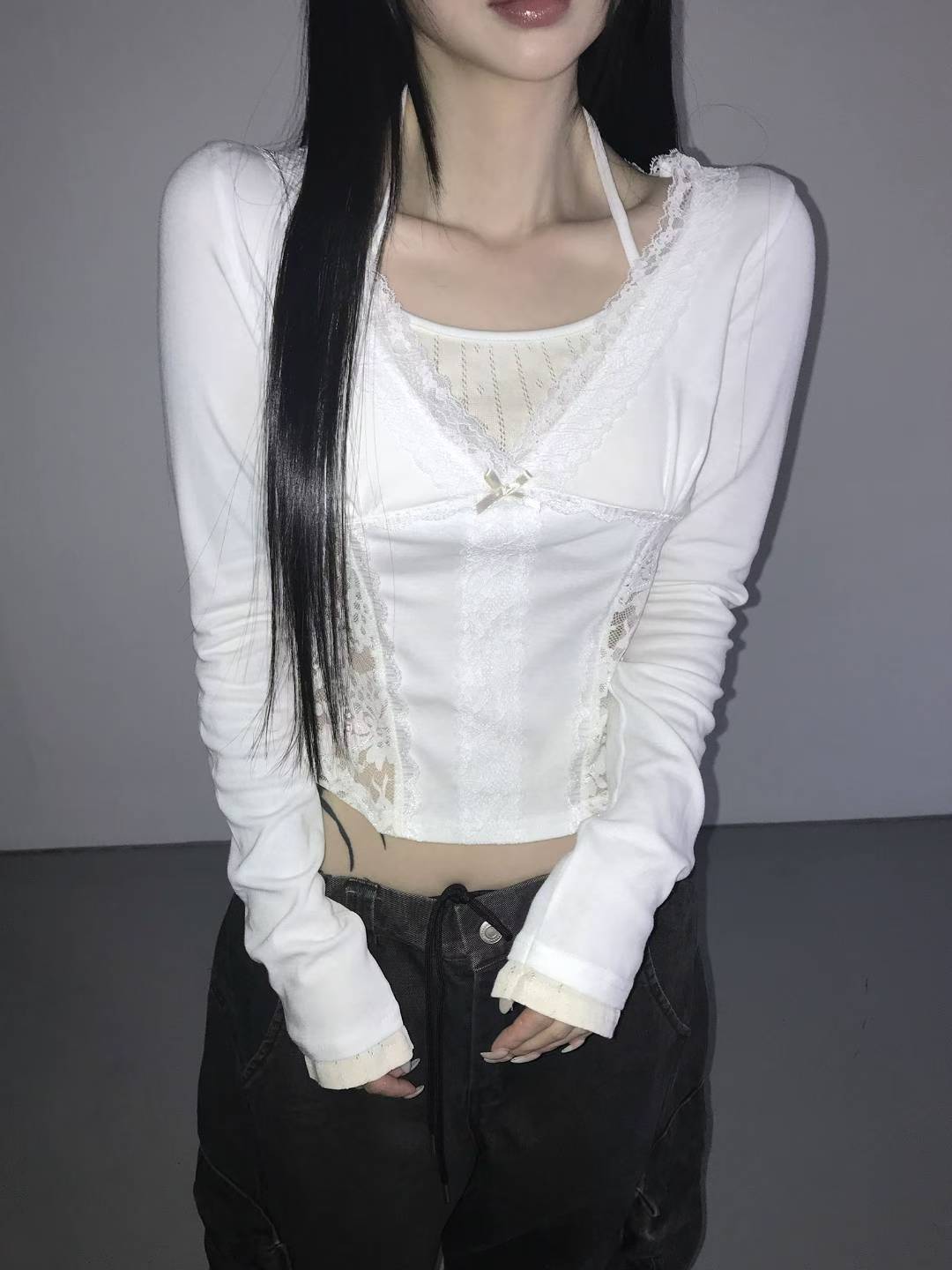 Lace Fake-two-piece Long-sleeves Top