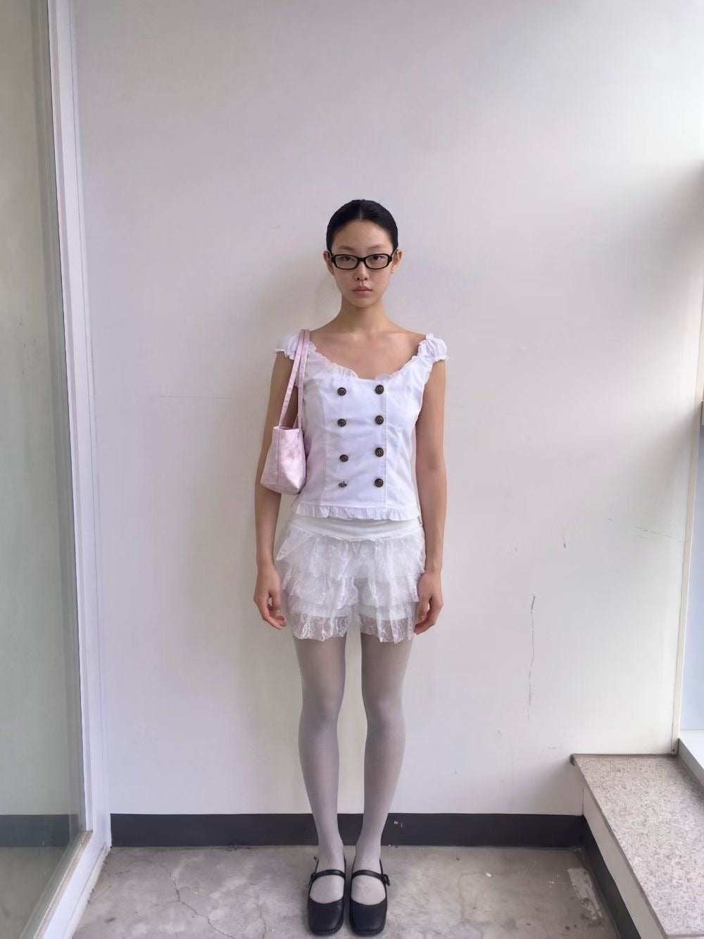 Chrome Button Ruffle Blouse