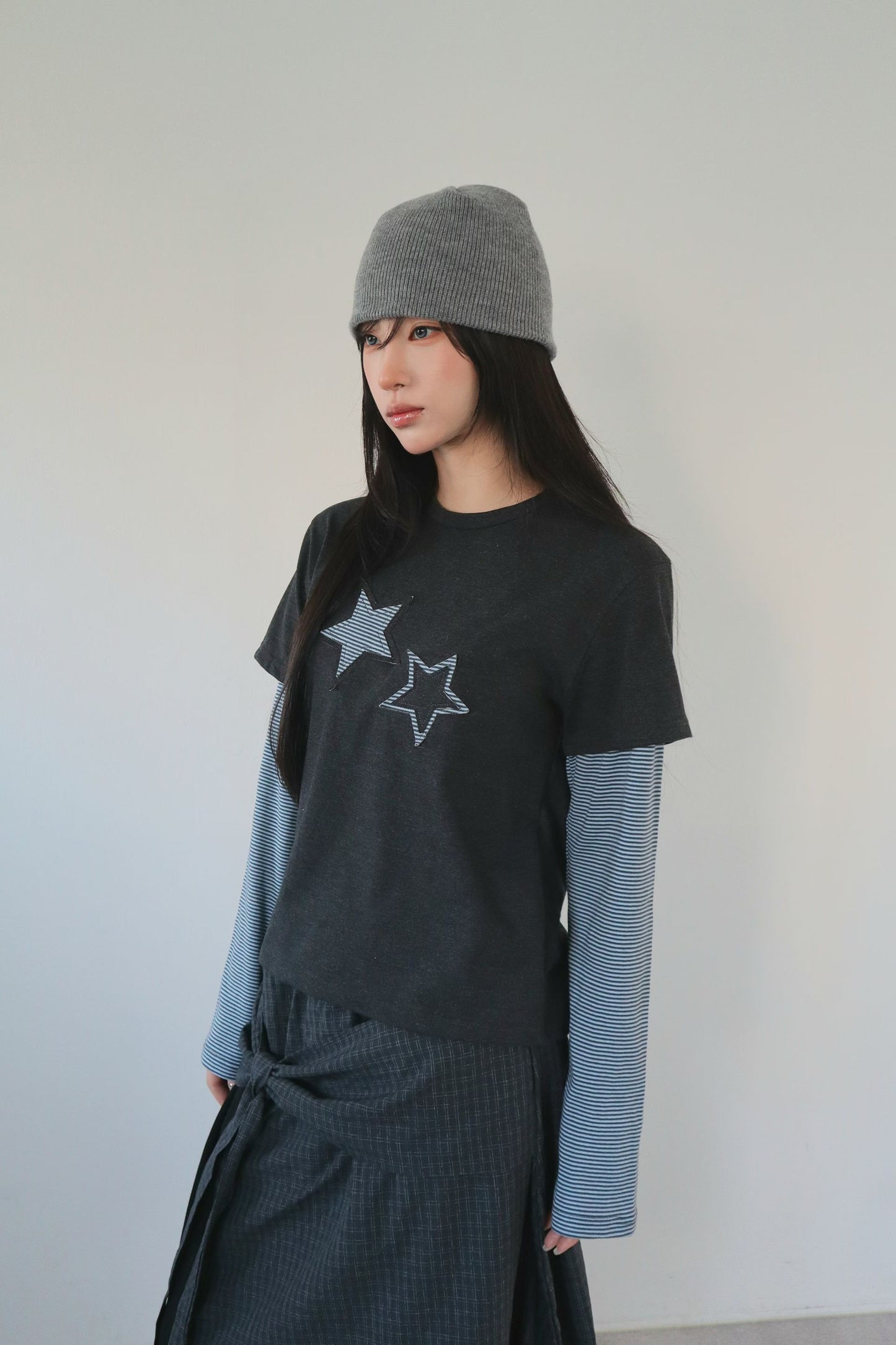 Star Striped Faux Two-piece Long-sleeved Top