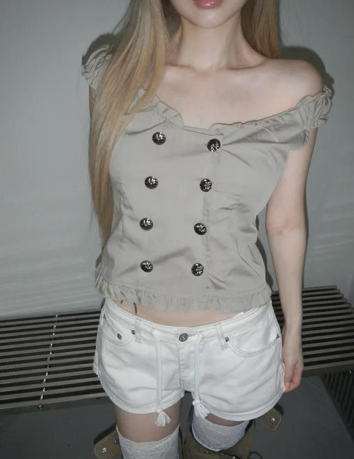 Chrome Button Ruffle Blouse