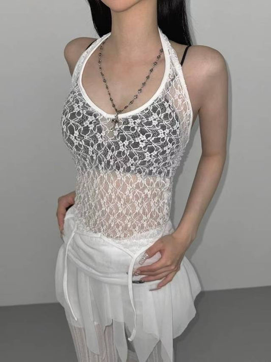 蕾絲透視掛頸背心 Lace See-through Halter Tank