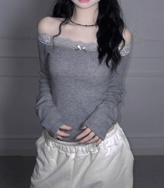 Lace Ribbon Long-sleeved Off-shoulder