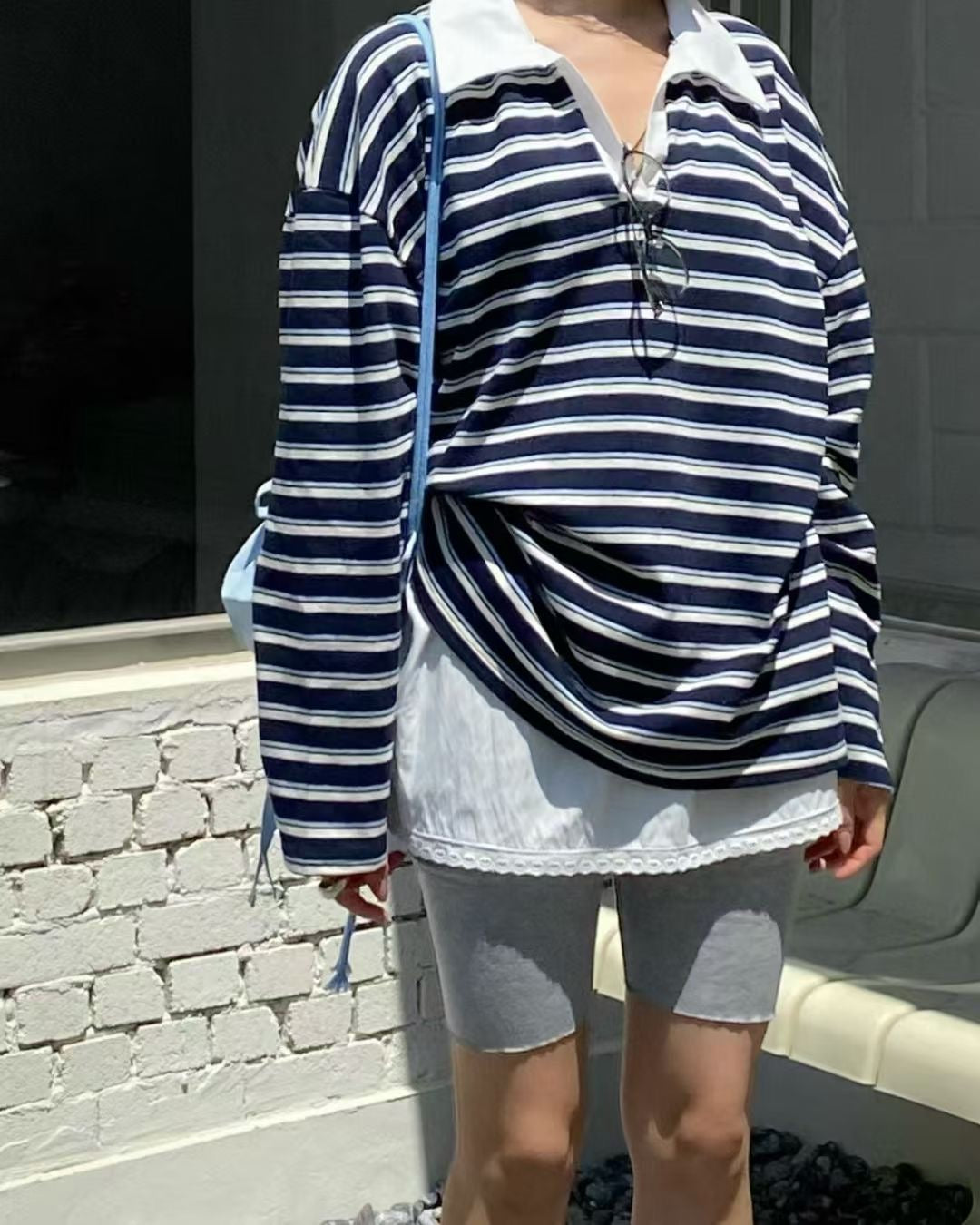 間條寬鬆有領長袖上衣 Striped Oversized Polo Shirt
