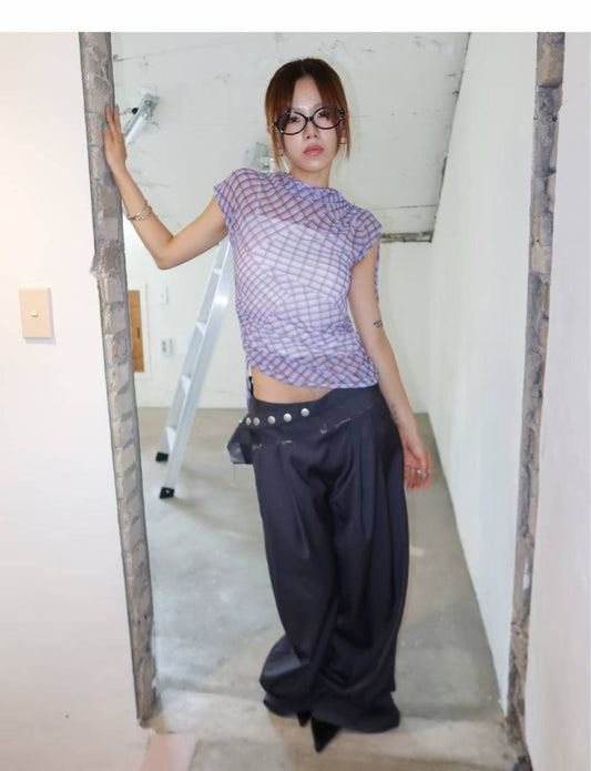 小飛袖格仔透薄上衣 Flutter Sleeves Checkered Sheer Top