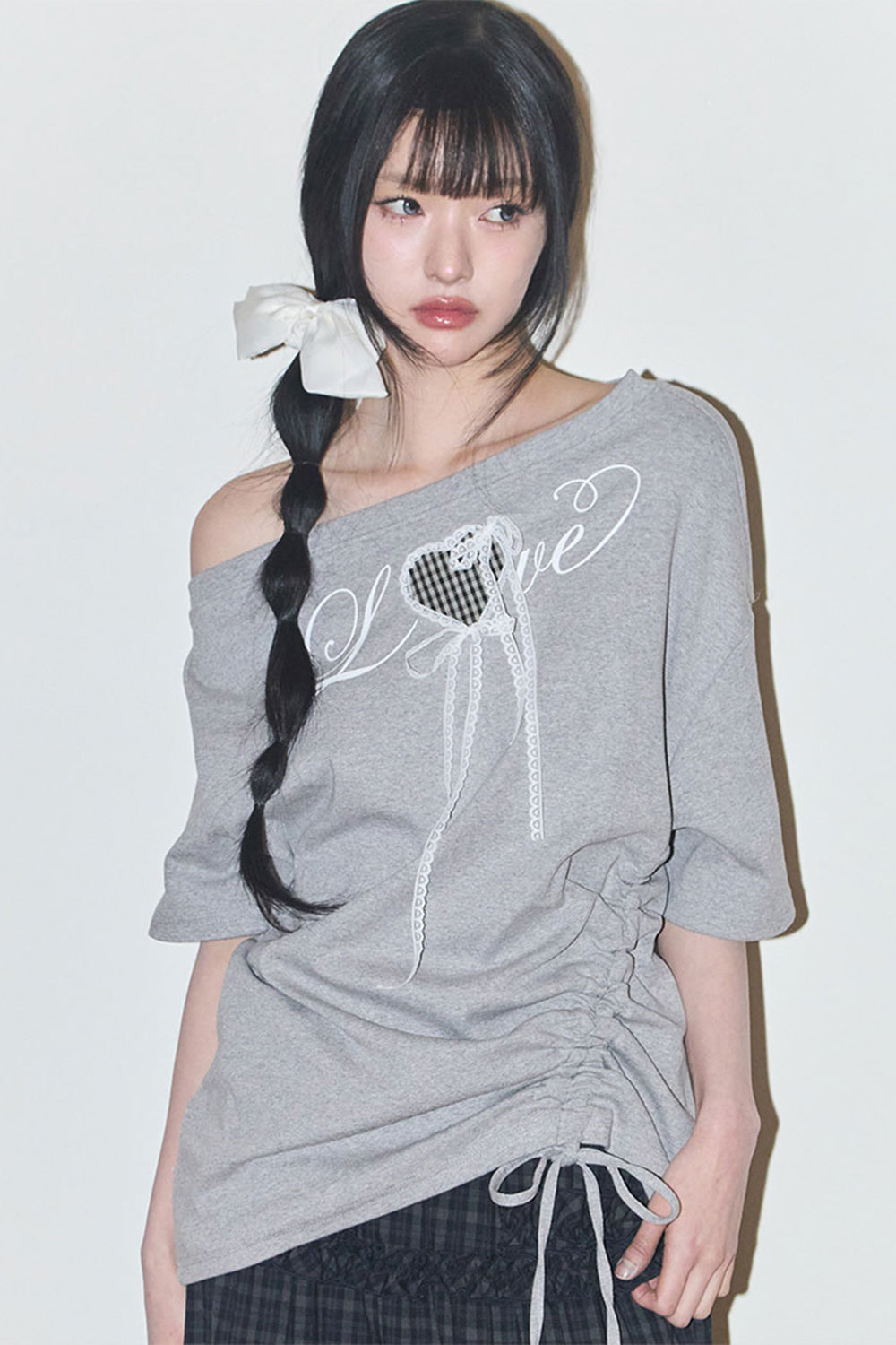 【ILLIGO】Love One Shoulder Overfit T-shirt | Grey