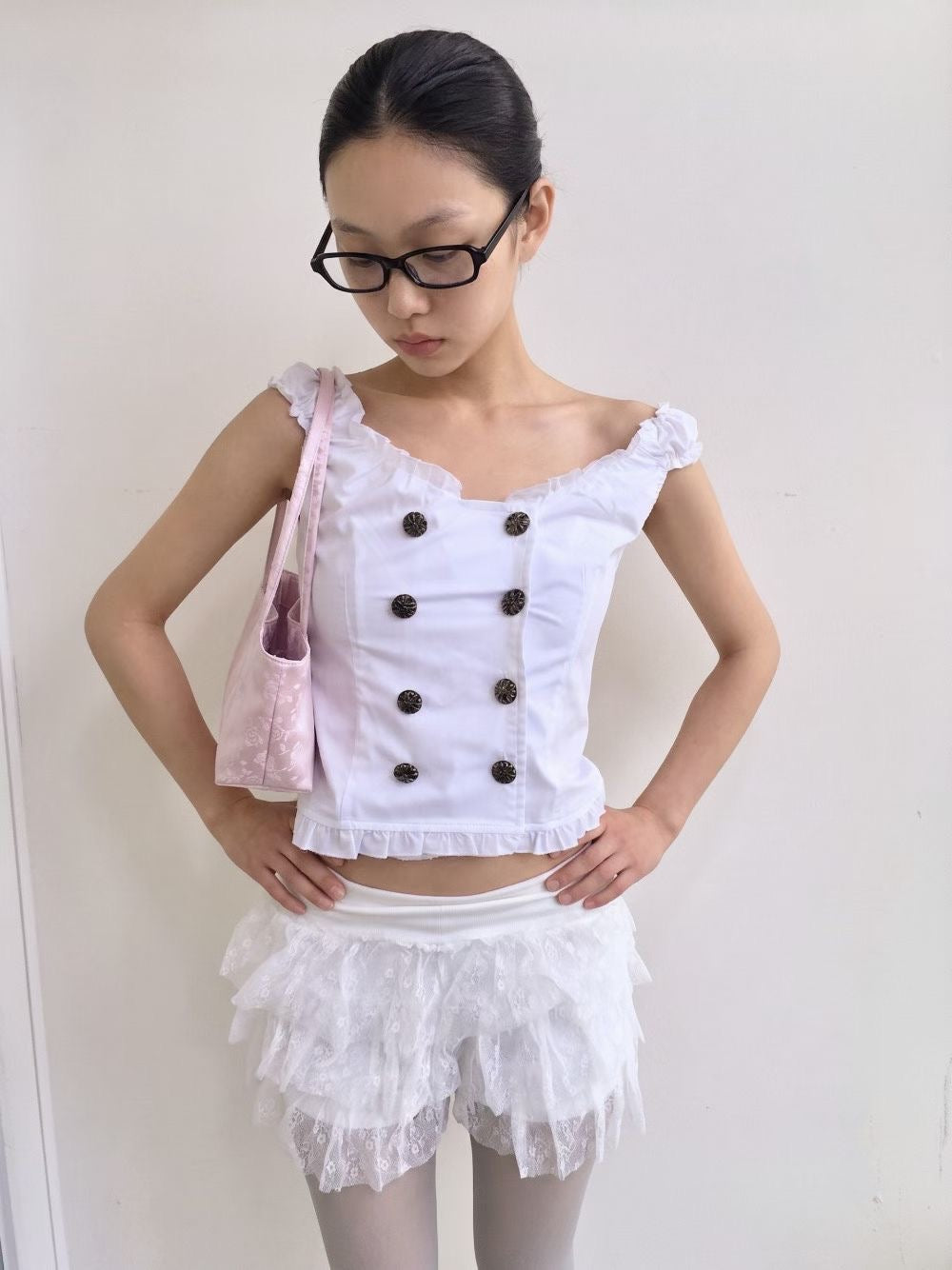 Chrome Button Ruffle Blouse