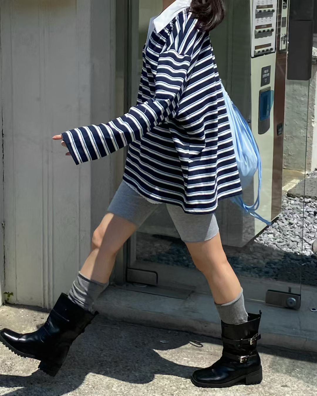 間條寬鬆有領長袖上衣 Striped Oversized Polo Shirt
