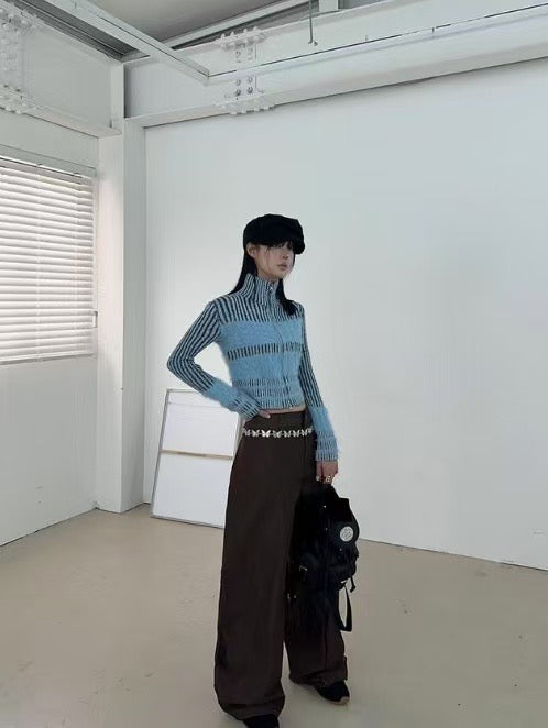 Cable Knit Contrast Mohair Zip-up 立領針織海馬毛拉鍊外套