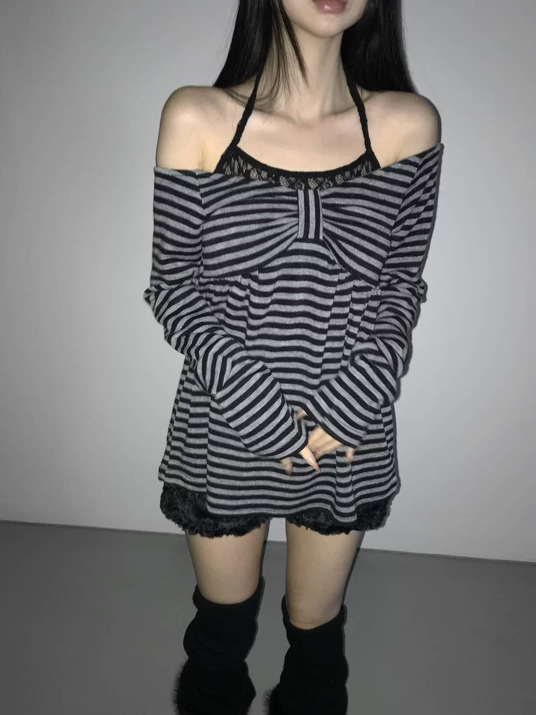 Ribbon Striped Long-sleeved Top