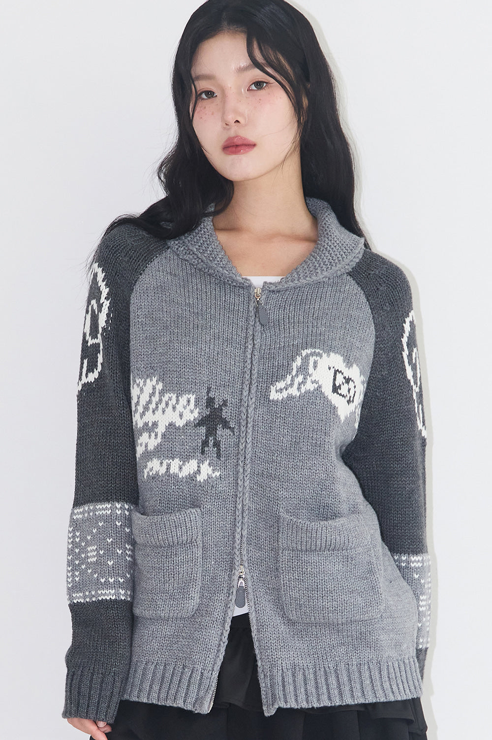 【ILLIGO】Angel Ring Cowichan Knit Zip-up | Gray