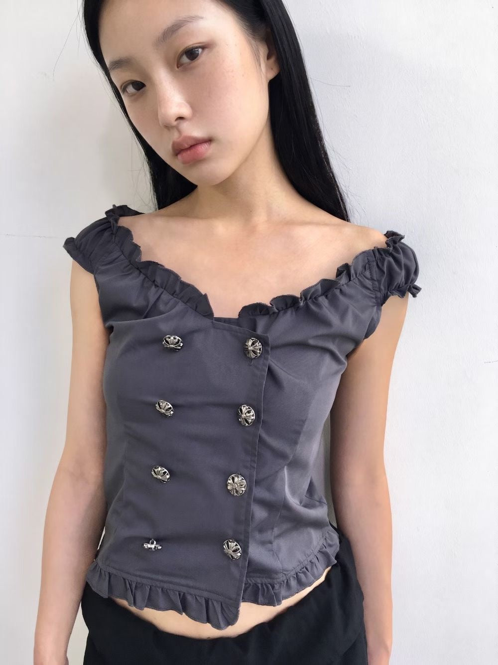 Chrome Button Ruffle Blouse
