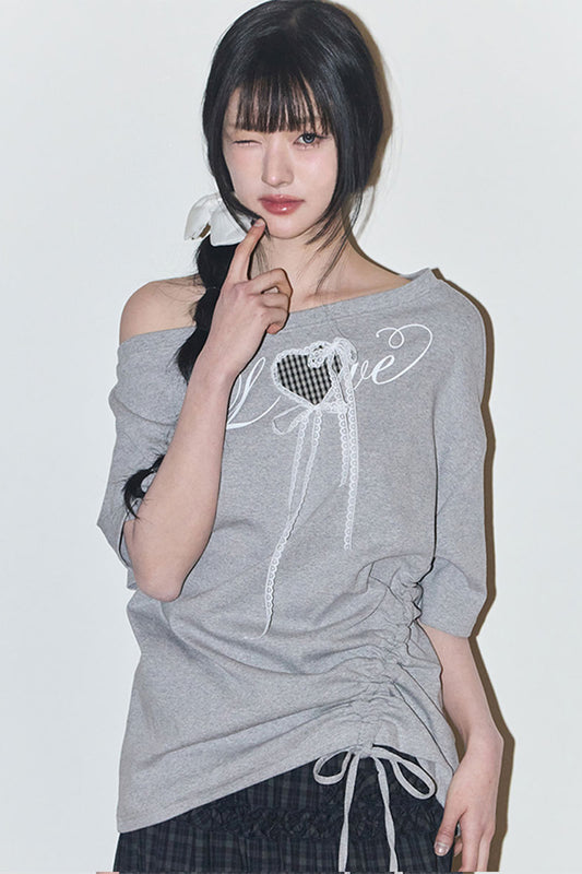 【ILLIGO】Love One Shoulder Overfit T-shirt | Grey