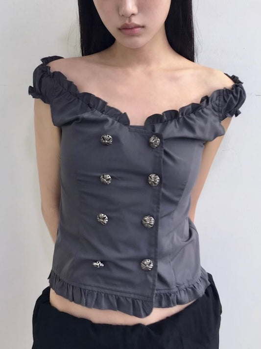 Chrome Button Ruffle Blouse