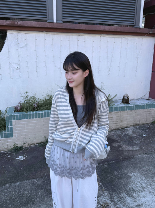 間條蕾絲連帽外套 Striped Lace Jacket