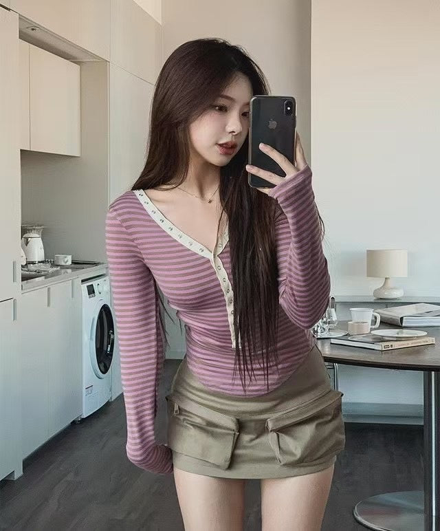 間條鈕扣薄長袖 Stripped Button Long Sleeves