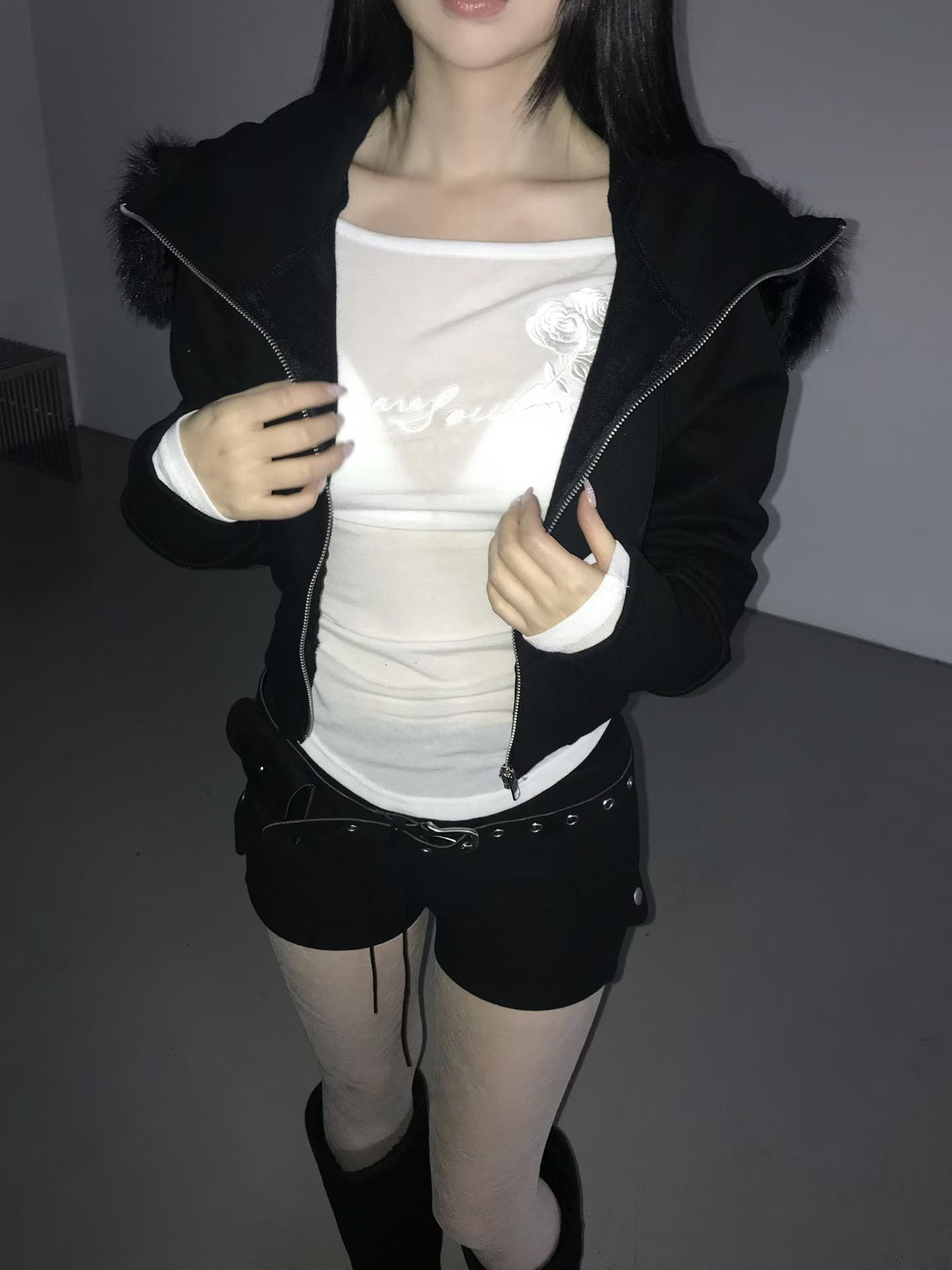 Fur Crop Zip-up Hoodie