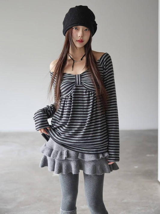 Ribbon Striped Long-sleeved Top