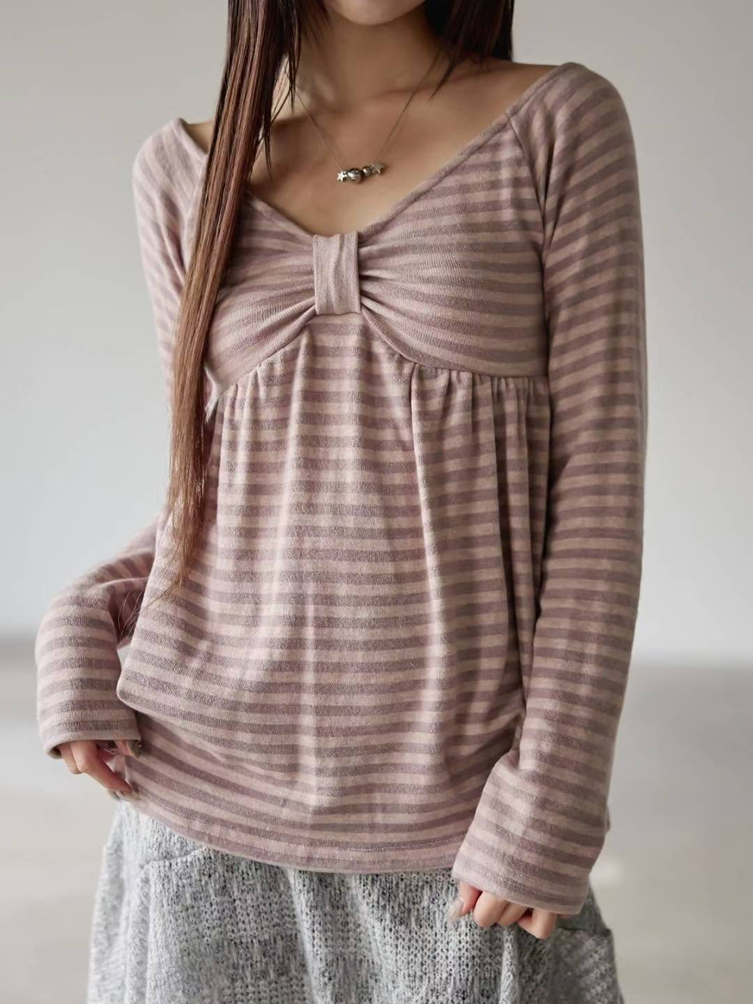 Ribbon Striped Long-sleeved Top