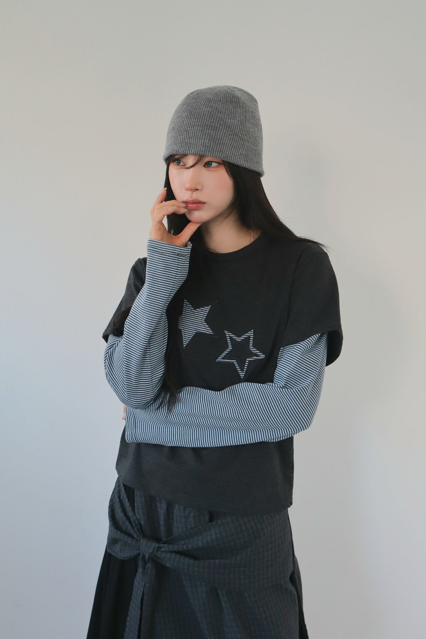 Star Striped Faux Two-piece Long-sleeved Top