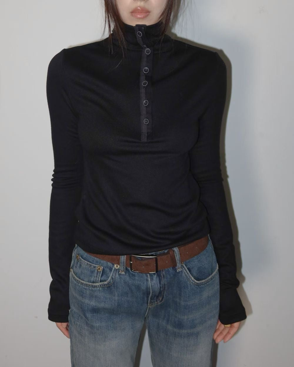 High Collar Neck Button Tee