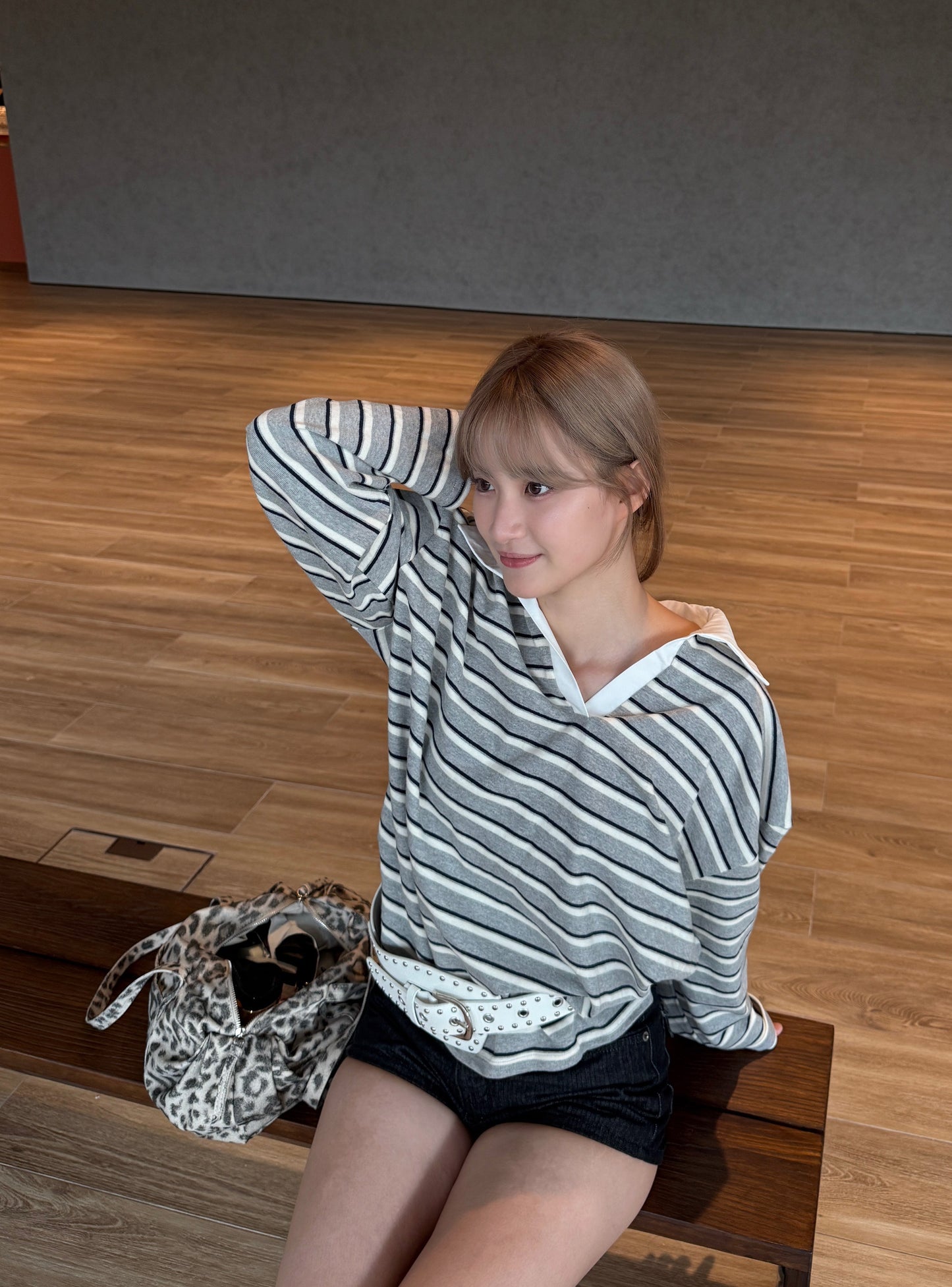 間條寬鬆有領長袖上衣 Striped Oversized Polo Shirt