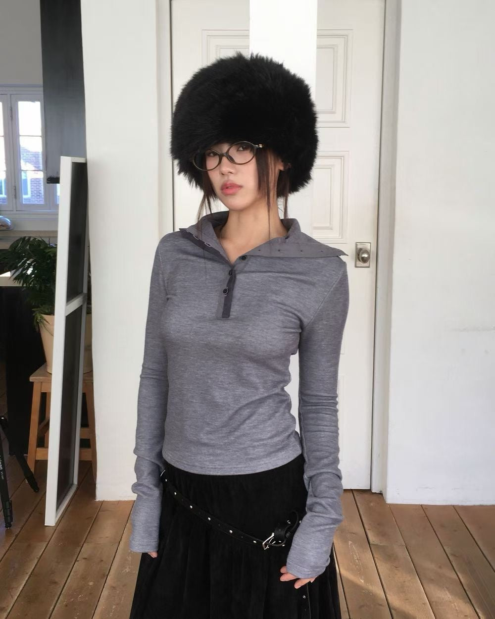 High Collar Neck Button Tee