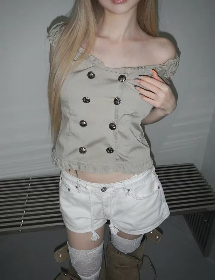 Chrome Button Ruffle Blouse