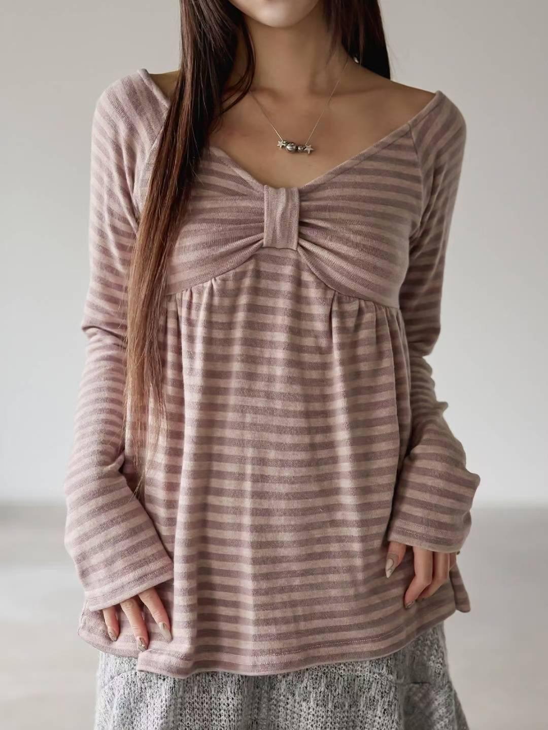 Ribbon Striped Long-sleeved Top