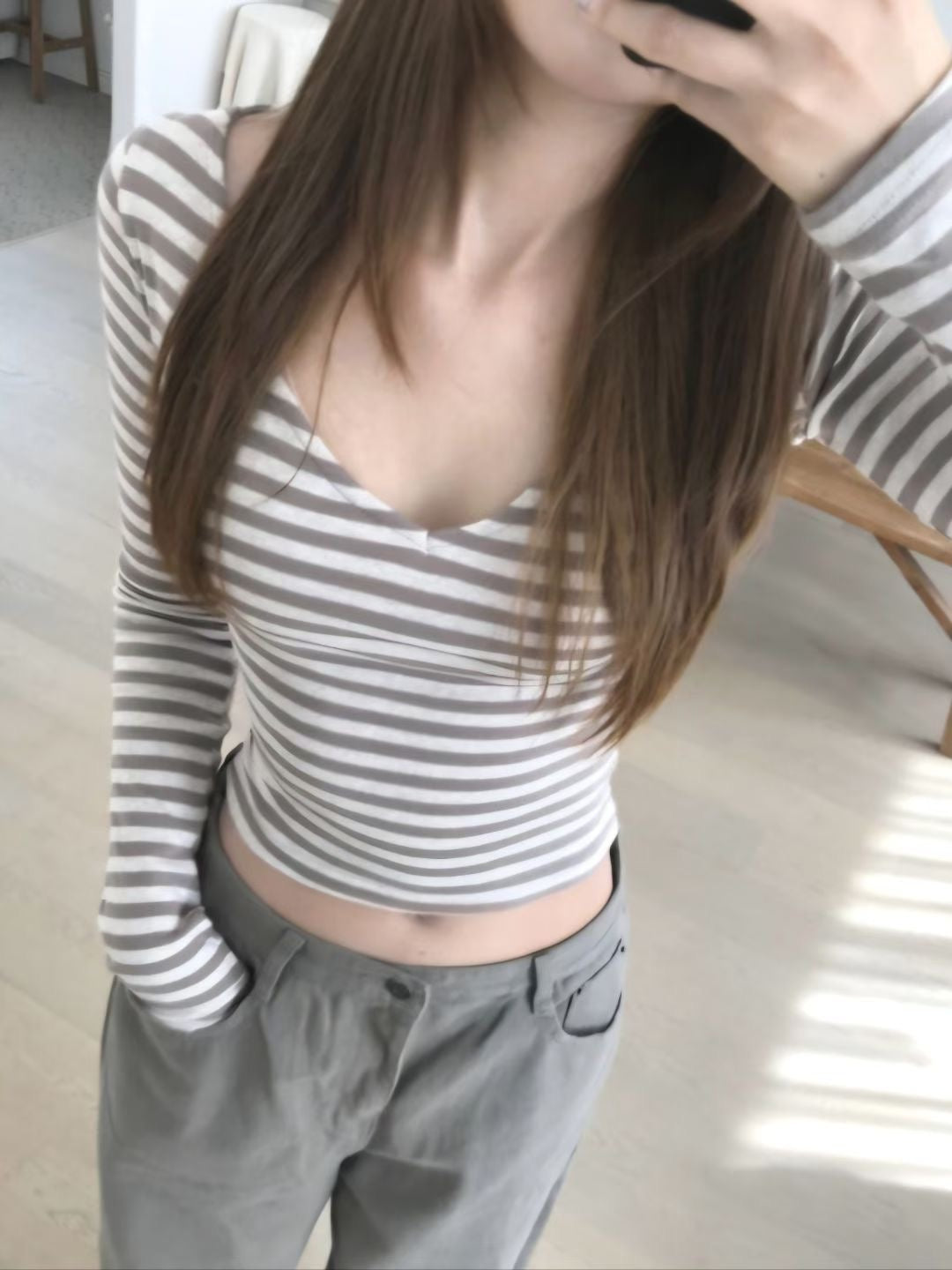 V-neck Striped Long-sleeved Top