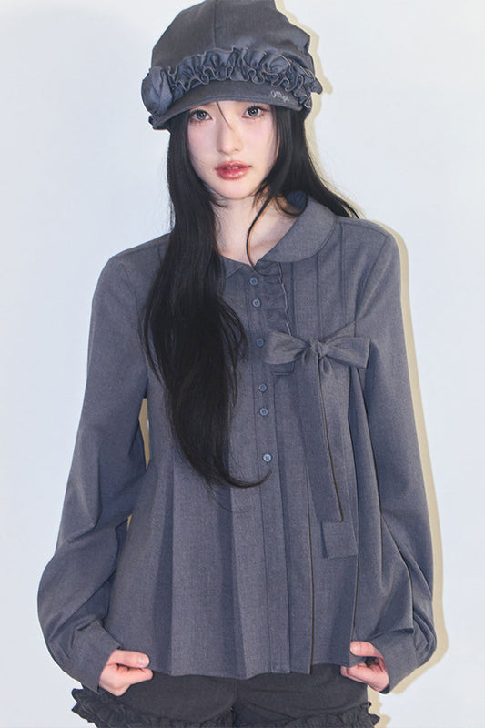 【ILLIGO】Ribbon Pleated Blouse | Grey