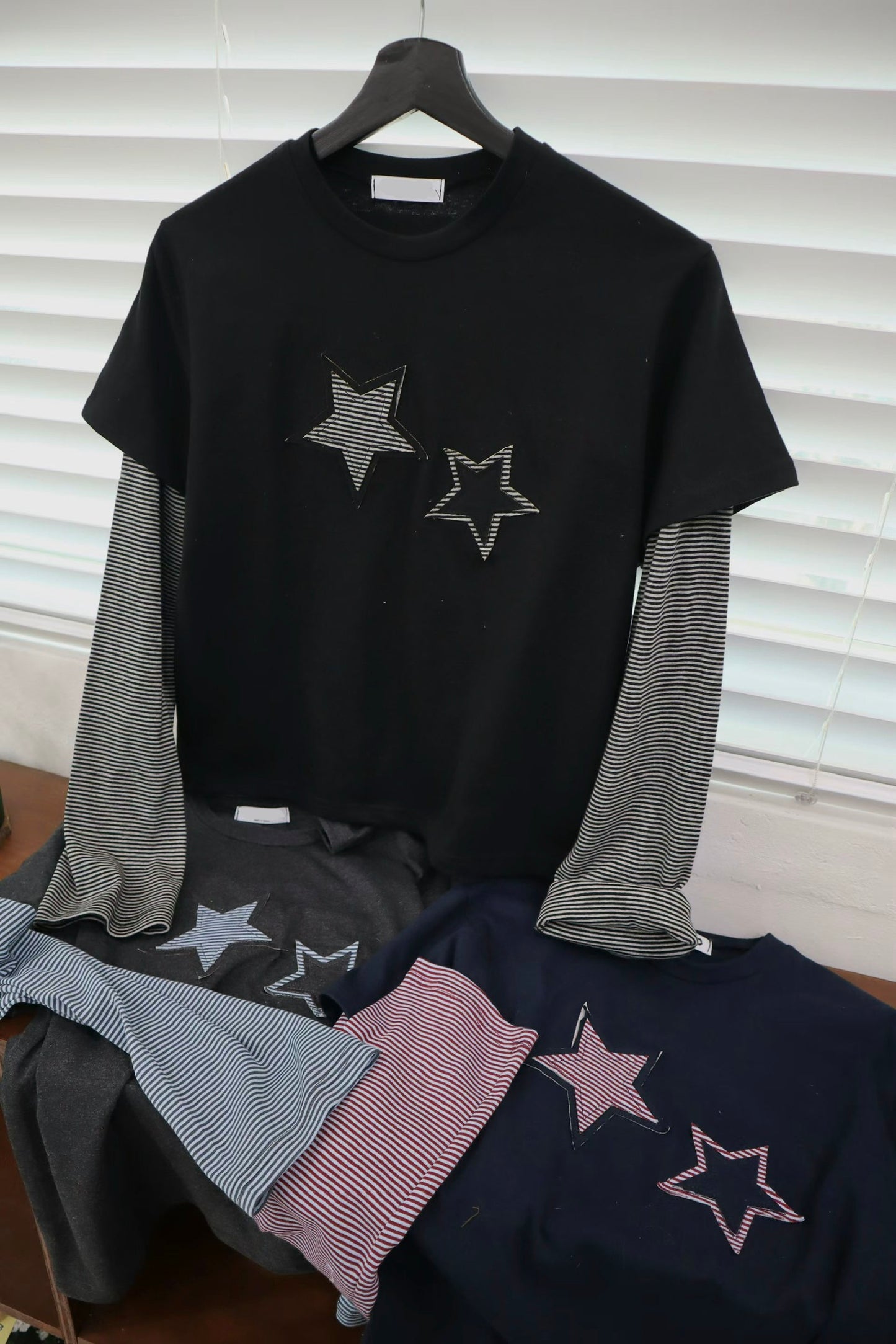 Star Striped Faux Two-piece Long-sleeved Top