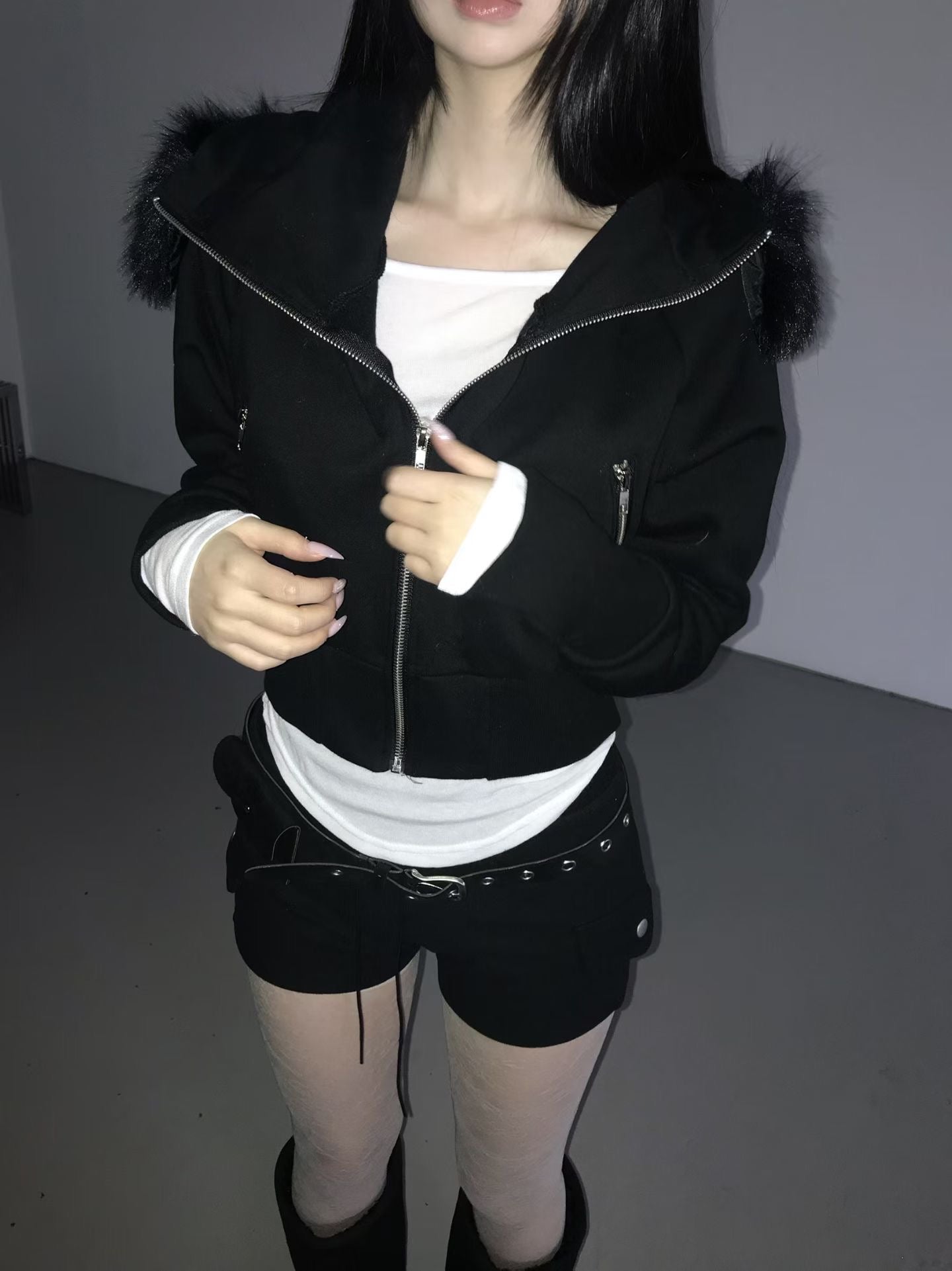 Fur Crop Zip-up Hoodie