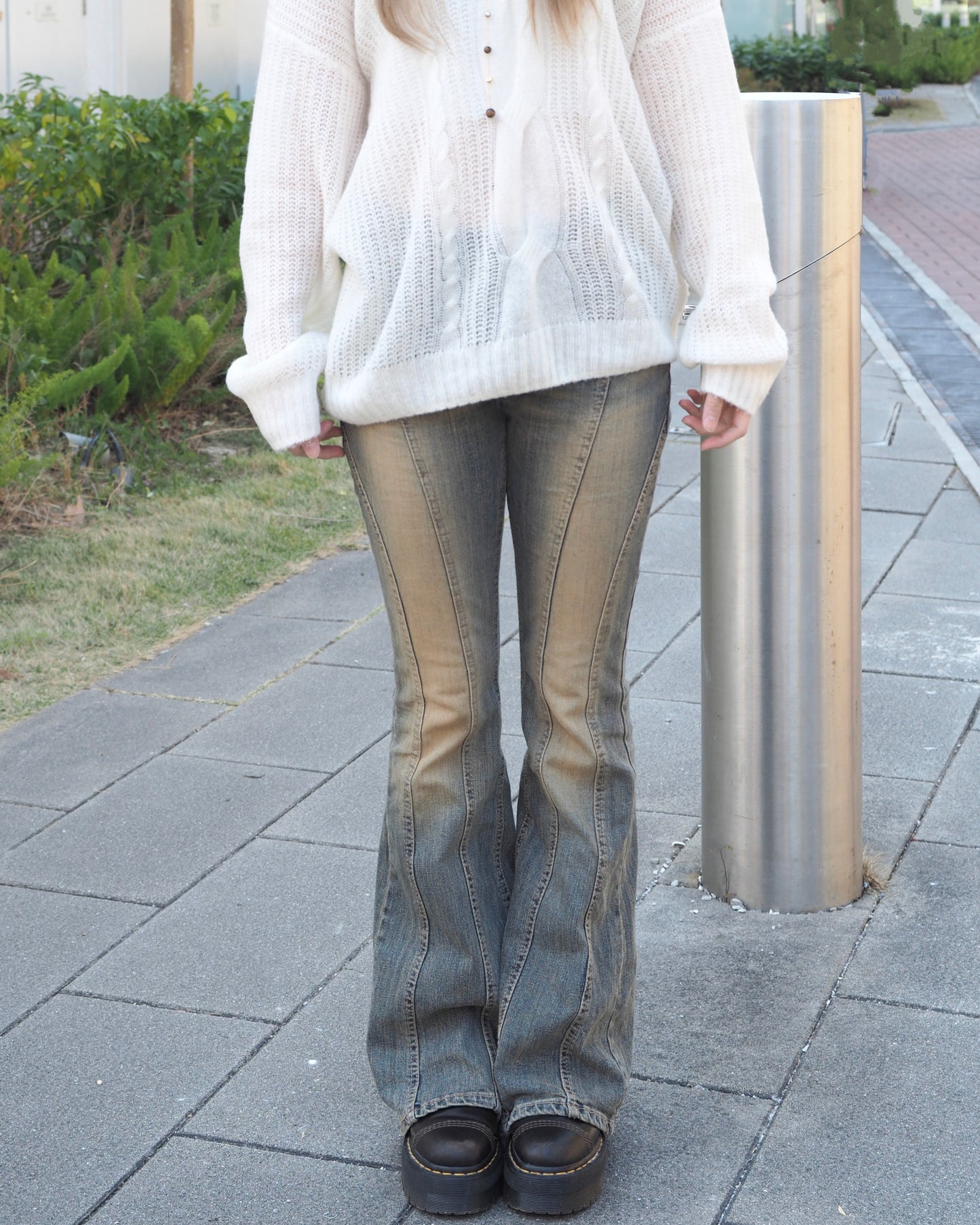 Washed Denim Flared Jeans